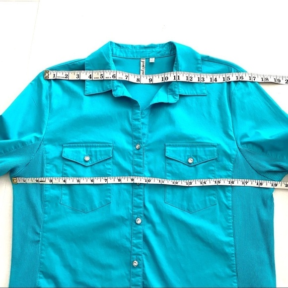 Blue Cotton Button Down Shirt Sz Large Stretch Casual Minimalist Modest - Picture 11 of 13